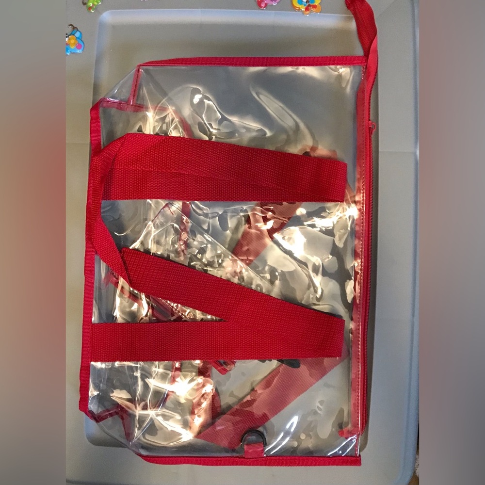 Clear stadium tote bag red trim zipper closer